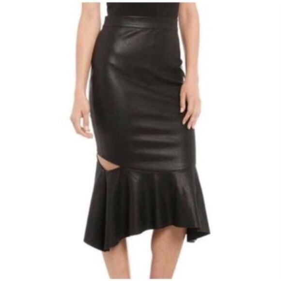Bardot Milano Faux Leather Black Figure Hugging Peplum Edge Midi Skirt Size 4 - Picture 1 of 6